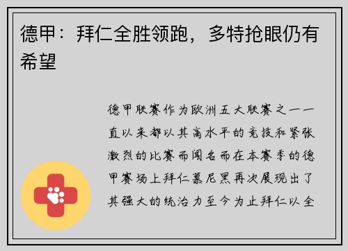 德甲：拜仁全胜领跑，多特抢眼仍有希望