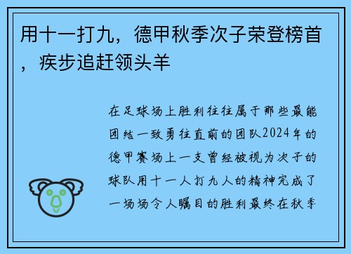 用十一打九，德甲秋季次子荣登榜首，疾步追赶领头羊